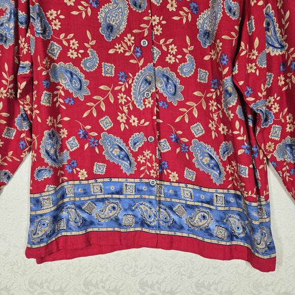 VTG Capacity Top Shirt Shacket M Red Blue Paisley Floral Mixed Denim Collar - Picture 3 of 16